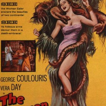B Movie posters: young women being violated by fish, plants, monsters and men