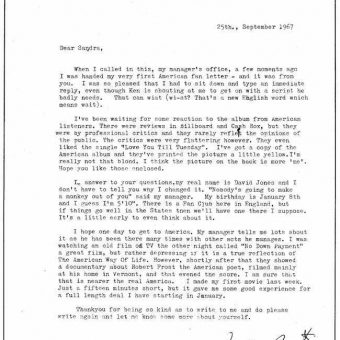 David Bowie’s 1967 Letter to His First American Fan