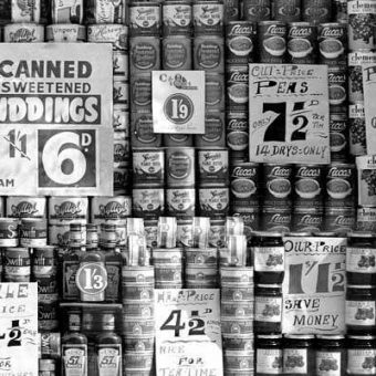 July 1951: A grocer’s shop window in London