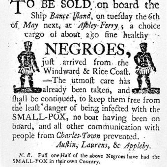 THIS is an undated image showing a circa 1780 newspaper advertisement by the slave-trading dealership of Austin, Laurens and Appleby announcing the arrival of African slaves to the American colonies at Ashley Ferry outside of Charleston, S.C.