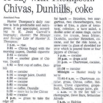 Hunter S Thompson’s Daily Diet Regime: Chivas, Dunhill, Cocaine