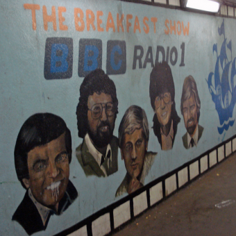 A Cheesy Rogues Gallery of BBC Radio 1 Breakfast Show DJs Painted On A All In White City