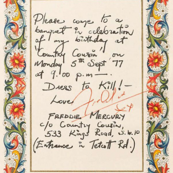 September 5 1977: Freddie Mercury’s Invitation To His Birthday Party At Country Cousin