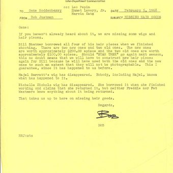 Gene Roddenberry Letter: William Shatner’s Wigs Are Vanishing From Star Trek Sets (1968)
