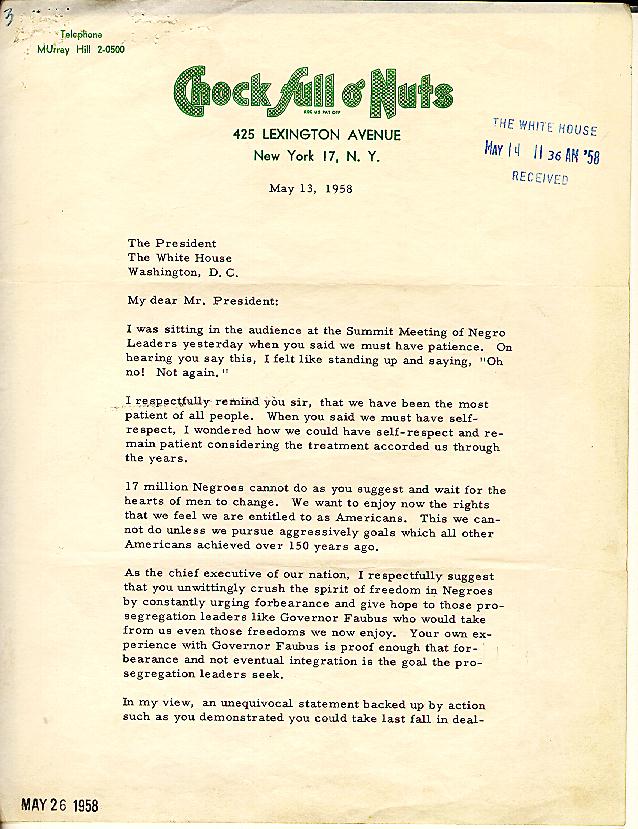 JACKIE ROBINSON TO PRESIDENT DWIGHT D. EISENHOWER MAY 13, 1958